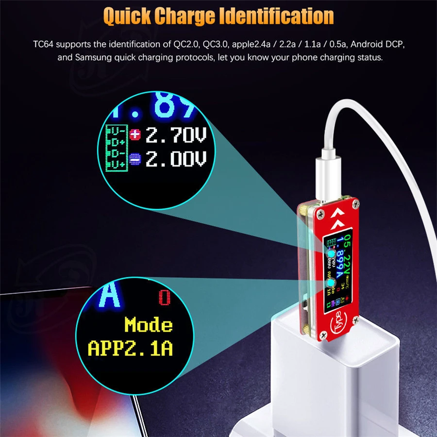 Цифровой вольтметр Амперметр TC64 Type C с цветным ЖК дисплеем измеритель напряжения