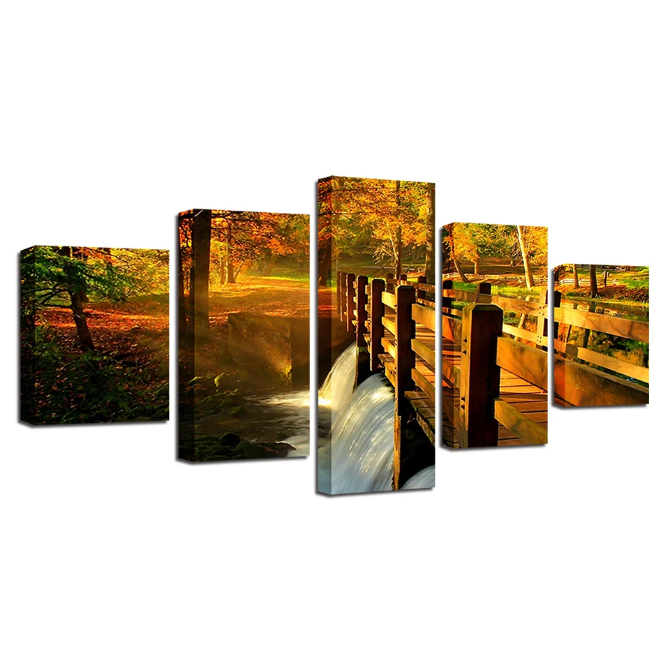 

Framework Artworks Prints 5 Pieces Waterfall Forest Bridge Scenery Picture Decor Room Wall Art HD Modular Canvas Painting Poster