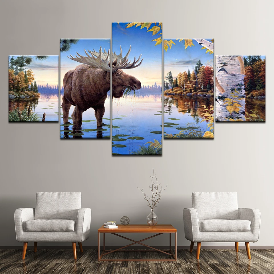 Canvas painting scary cow in the water 5 murals art modular wallpaper poster print for living room home decor | Дом и сад