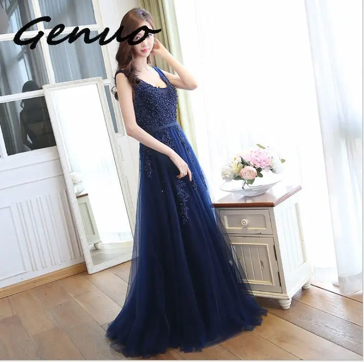 Genuo Новое сексуальное платье с v-образным вырезом Robe De Soiree Высокое качество Серый Тюль с аппликацией платья настоящая фотография vestido de festa