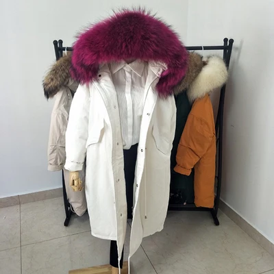 White Purple Белые парки на утином пуху, mujer, размера плюс, свободный женский пуховик с капюшоном, большой меховой воротник, стеганое зимнее пальто для женщин, B552 - Цвет: White Purple