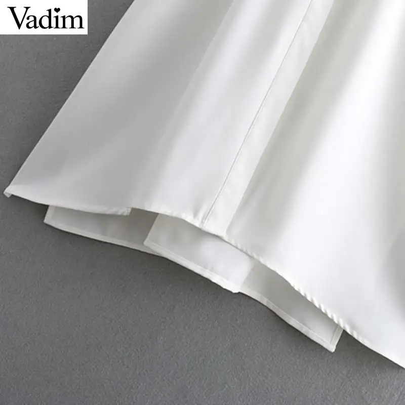 Vadim Women short sleeve white midi dress elastic waist turn down collar split mid calf dresses irregular casual vestidos QB371 | Женская