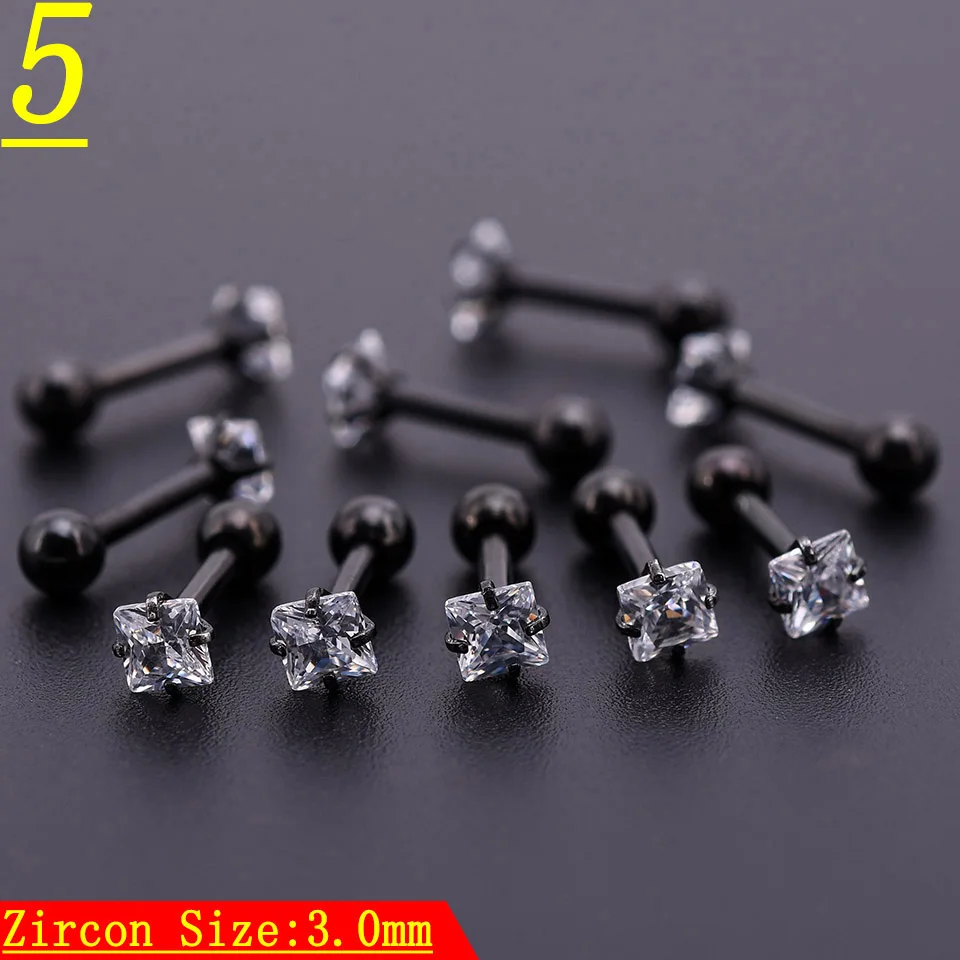 5 Шт. Черный Циркон Кристалл Круглый Шар Язык Губ Бар Кольцо Из Нержавеющей Стали