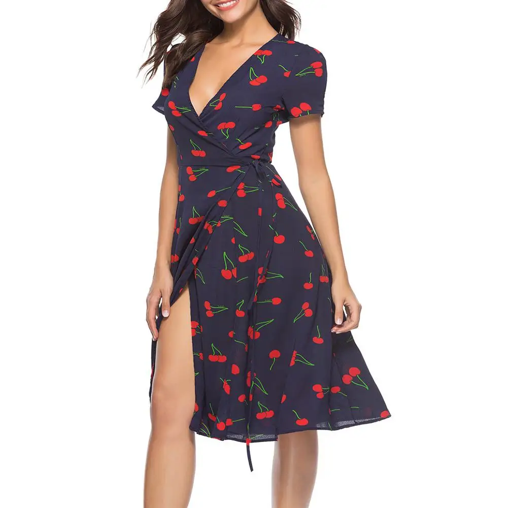Yfashion Summer Fashion Floral Dress Women V Collar Slit Lacing Femme Elegant Midi | Женская одежда
