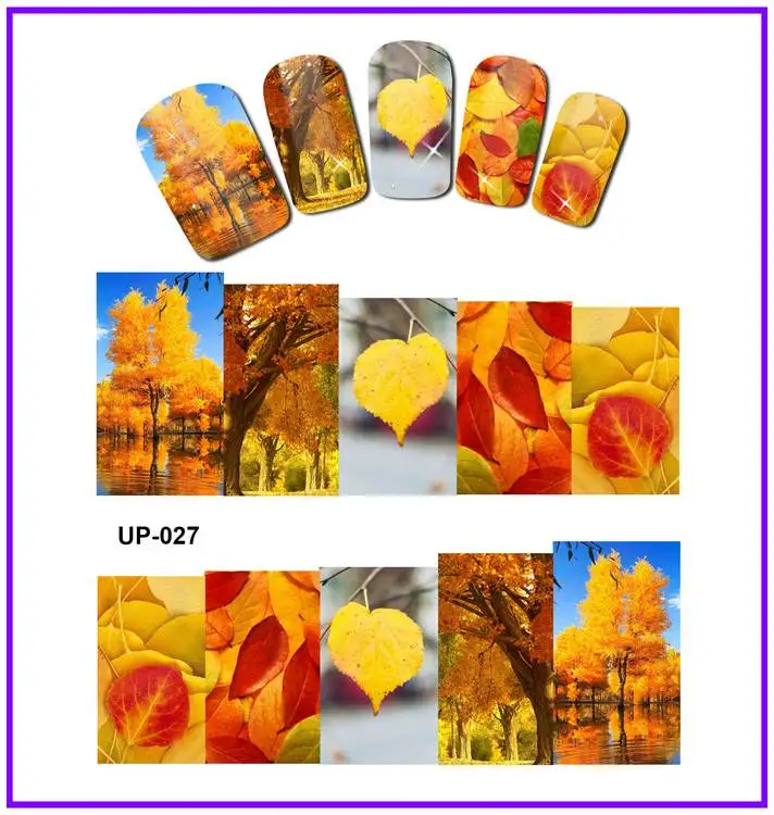 12 упак./лот переводка NAIL ART наклейки на ногти слайдер полное покрытие красного и желтого цветов кленовое дерево осеннее Падающие листья UP25-36