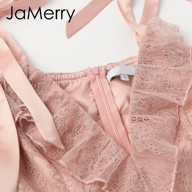 JaMerry Винтаж Элегантный Раффлед открытыми плечами кружевной комбинезон для