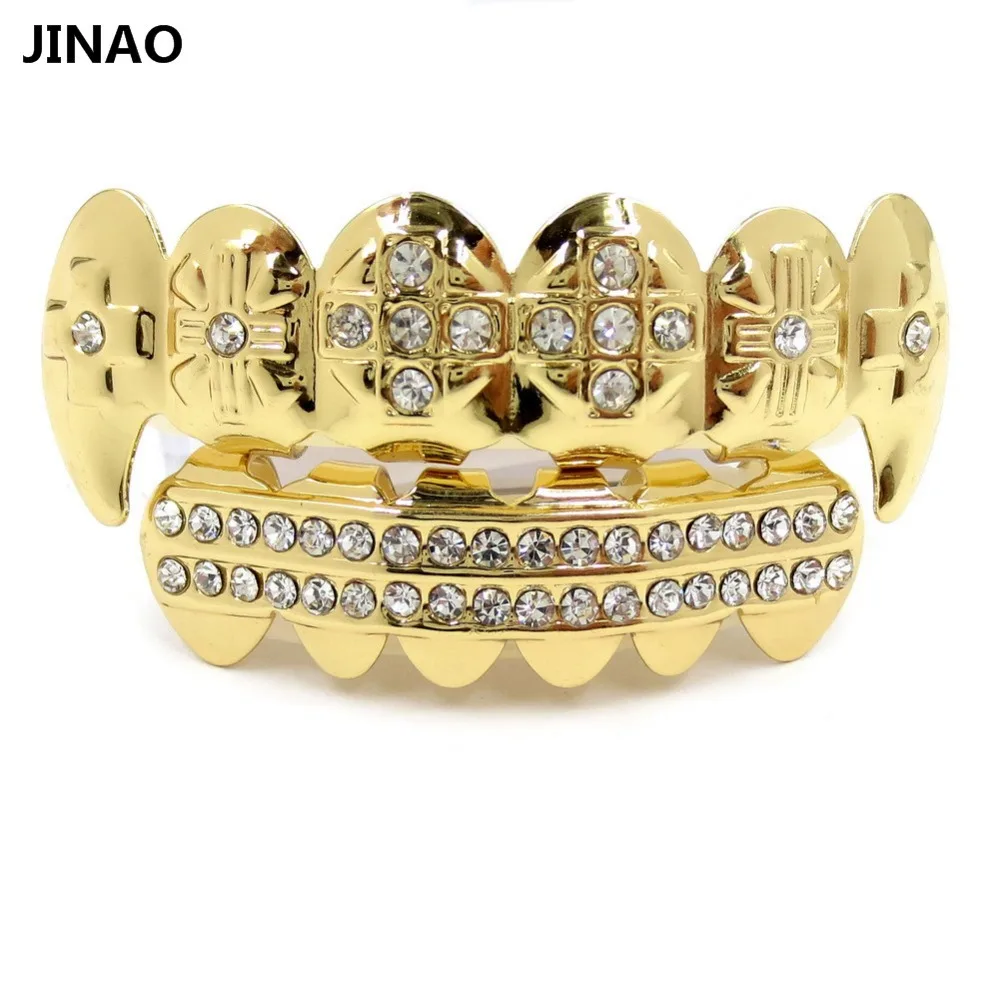 12 комплектов цзинао Позолоченные ICED OUT CZ зубы GRILLZ верхней нижней крышки зуба хип хоп Bling комплект решеток для Рождества