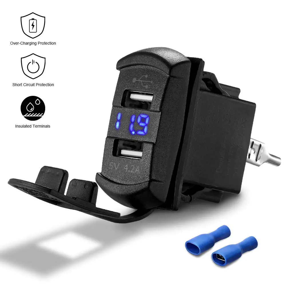 Universal Dual USB Charger Socket for UTV Waterproof Power Outlet 4.2A with Digital Voltmeter Blue LED Light for Marine,Boat