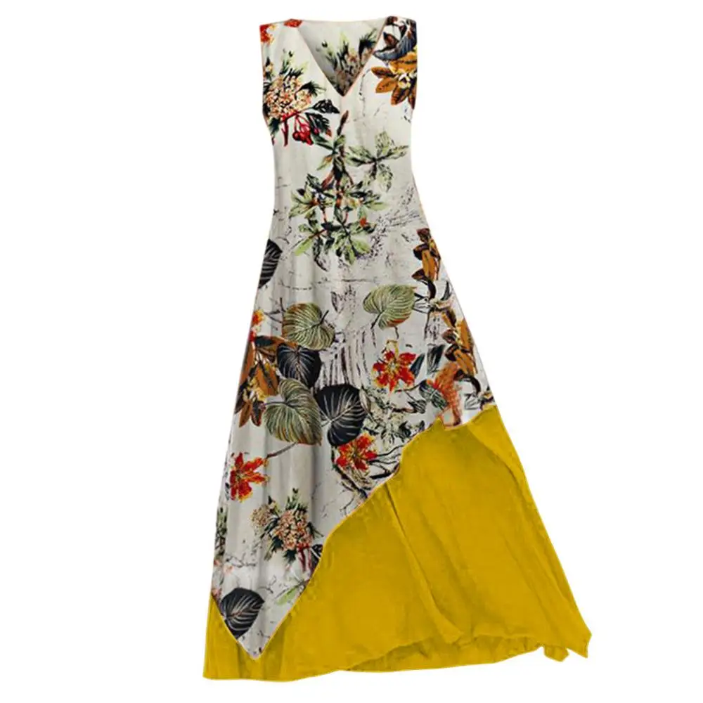 Модное летнее платье женское винтажное в стиле бохо без рукавов с v образным