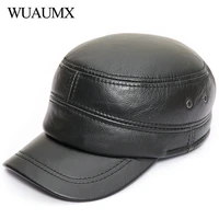 wuaumx genuine cow leather military hats for men fall winter mens cowskin hat with ear flap real cowhide flat top baseball caps
