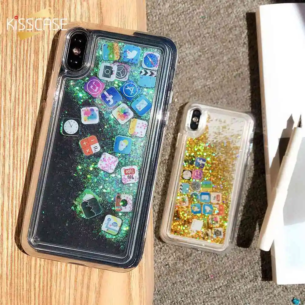 KISSCASE Quicksand Glitter Case For iPhone 7 8 6 6S Plus Liquid App Icon Soft Cases XS MAX XR X Bling Capas |
