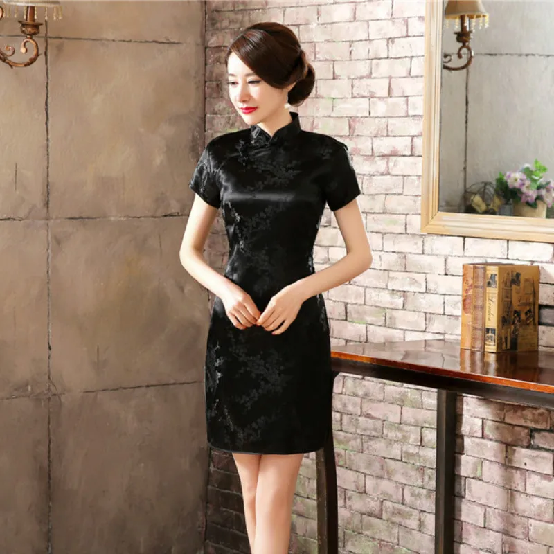 Традиционное китайское платье Qipao женское атласное короткое Ципао с цветочным