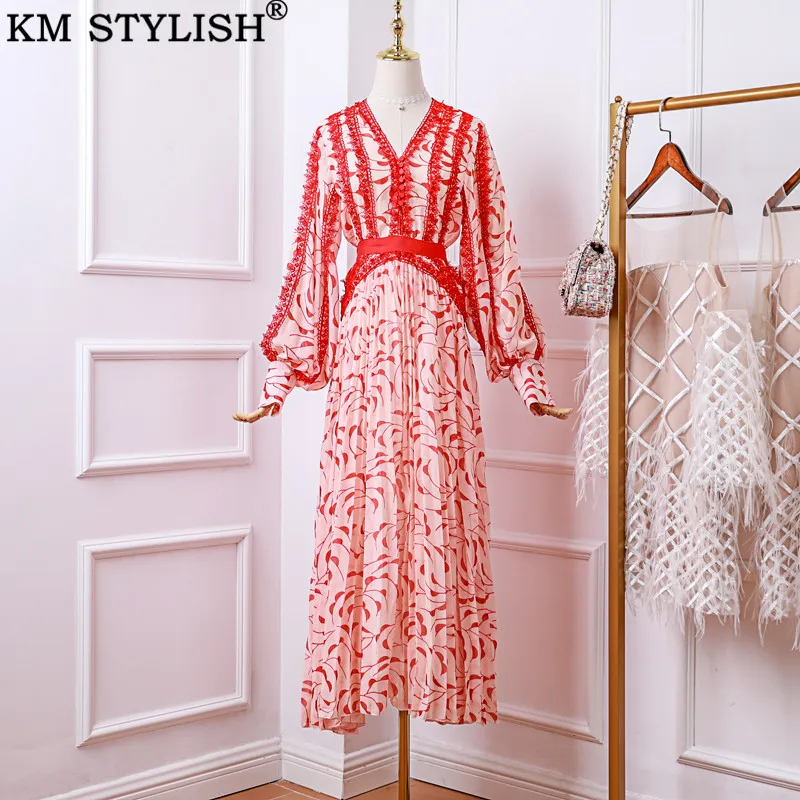 

2019SP Early Spring New Women Red V-neck Ladies' Resort MAXI Dress Petal Print Palace Wind Lantern Sleeve Long One-piece Dress