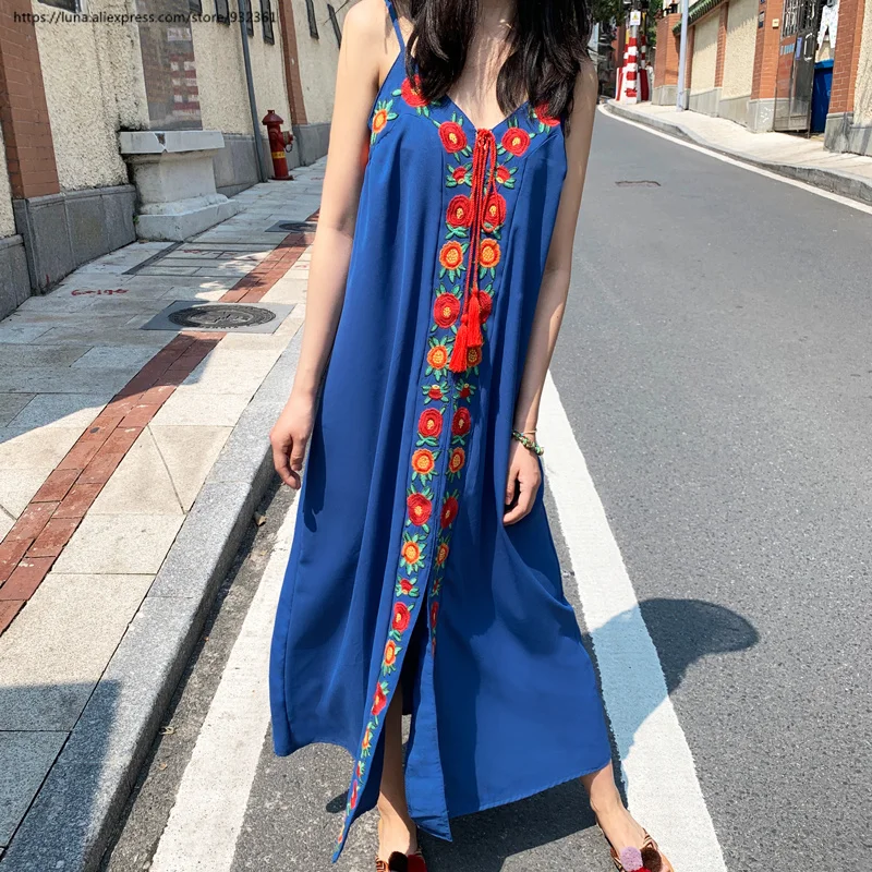 Винтажное длинное платье макси с вышивкой в стиле бохо для женщин летнее