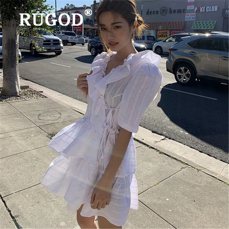 RUGOD корейское белое кружевное женское платье с оборками Элегантное летнее