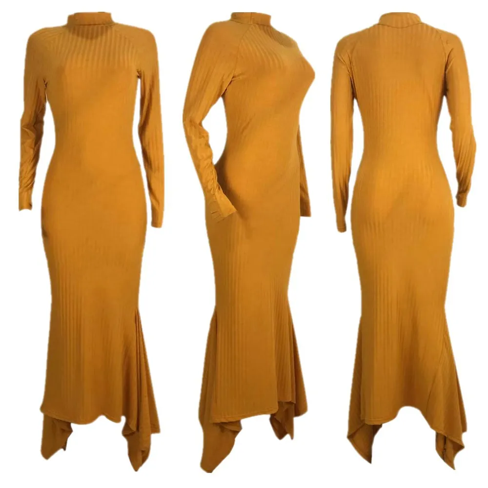 Full Sleeve Ribbed Knitted Dress Women Autumn Winter Bandage Bodycon Long Dresses Fashion Sweater Mermaid Party Wear | Женская одежда