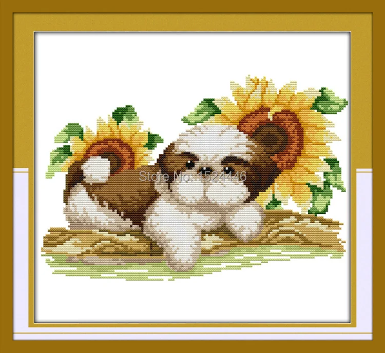 Просмотр в виде подсолнухов милое картины собака Декор Счетный напечатаны на