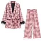 Женский пижамный комплект, Розовое Кимоно с геометрическим принтом, с перьями, вертикальные Широкие штаны, пижамный комплект из двух предметов для весны и лета