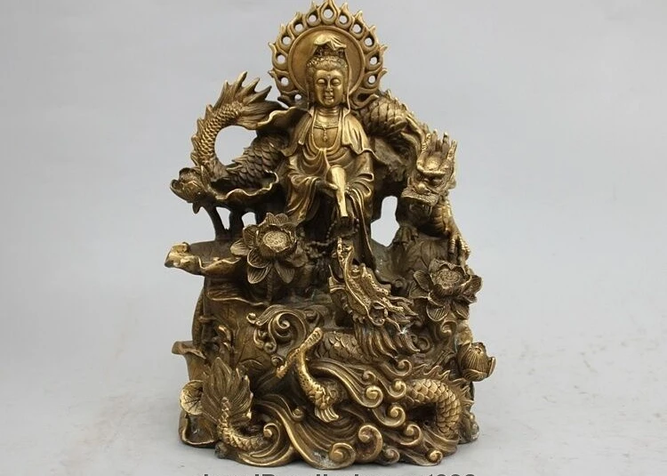 

Китайский буддийский Чистая медь, латунь лотос два дракона капает гуаньин Бодхисаттва