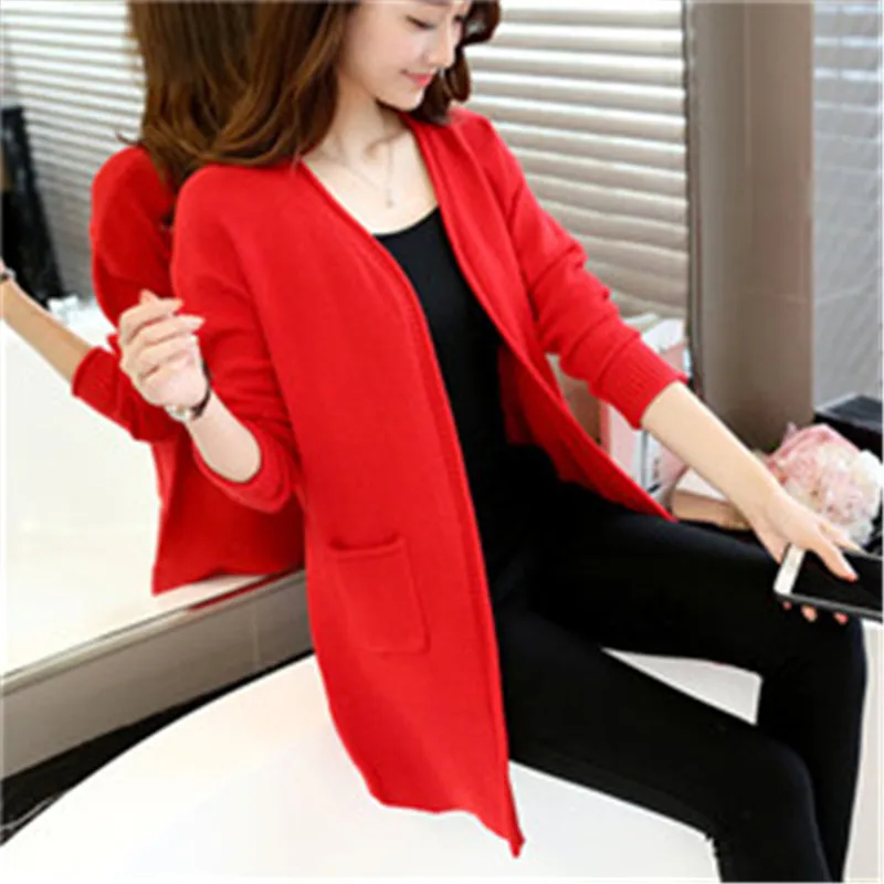 

V Collar A Long Paragraph Sweater Pocket Raglan Cardigan 2019 Big Size Red Korean Women New Autumn and Winter Sweater 728