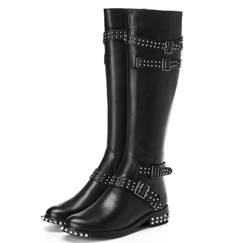 Женские зимние сапоги до колена из натуральной кожи с заклепками|knee high boots|high