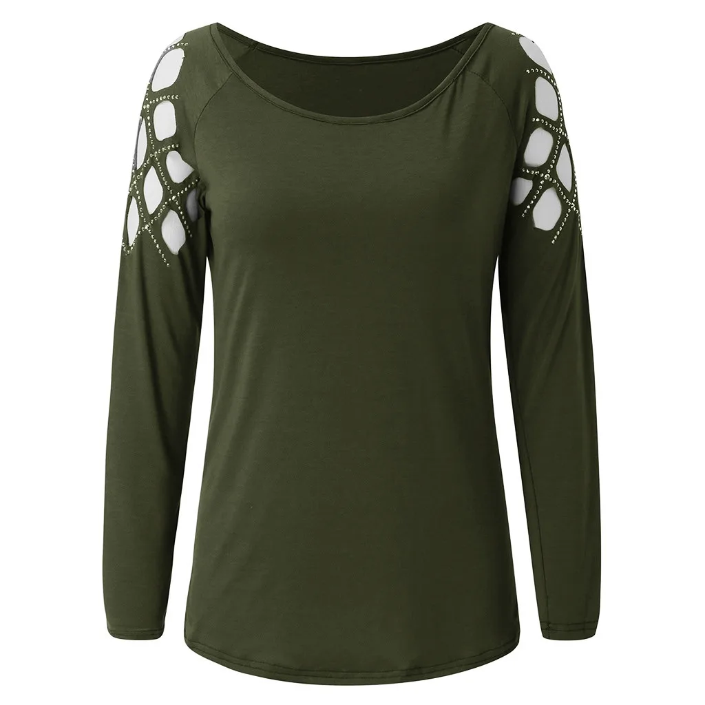 Army Green Для женщин осенняя футболка с круглым вырезом, с вырезами, украшенное стразами, с длинными рукавами футболки Повседневное Топы Женская футболка в стиле Харадзюку Однотонная футболка женская - Цвет: Army Green