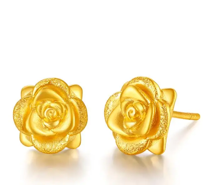 24K Yellow Gold Твердые 24 К желтого золота серьги Для женщин розы серьги стержня 1,36 г - Окраска металла: 24K Yellow Gold