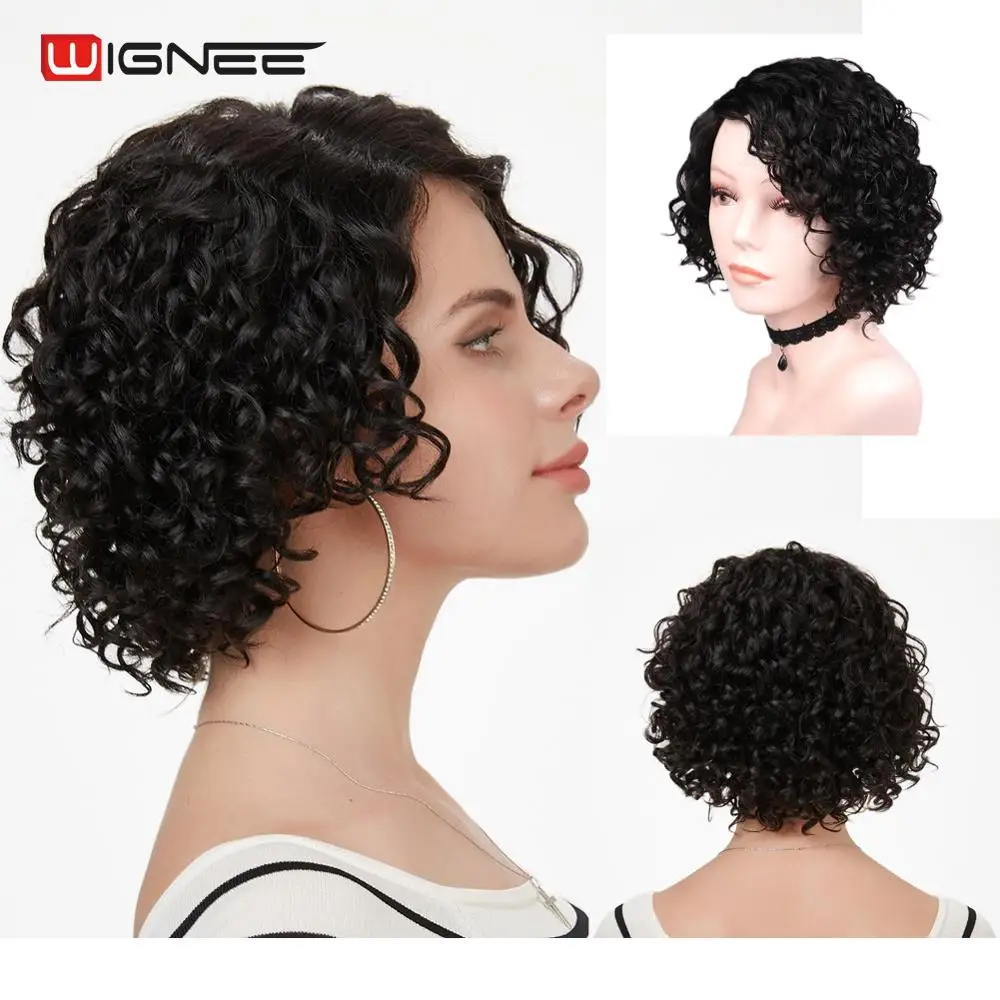 Wignee афро вьющиеся бразильские волосы remy короткие человеческие парики для черных/белых женщин боковая часть шнурка 150% высокая плотность Короткие вьющиеся парики