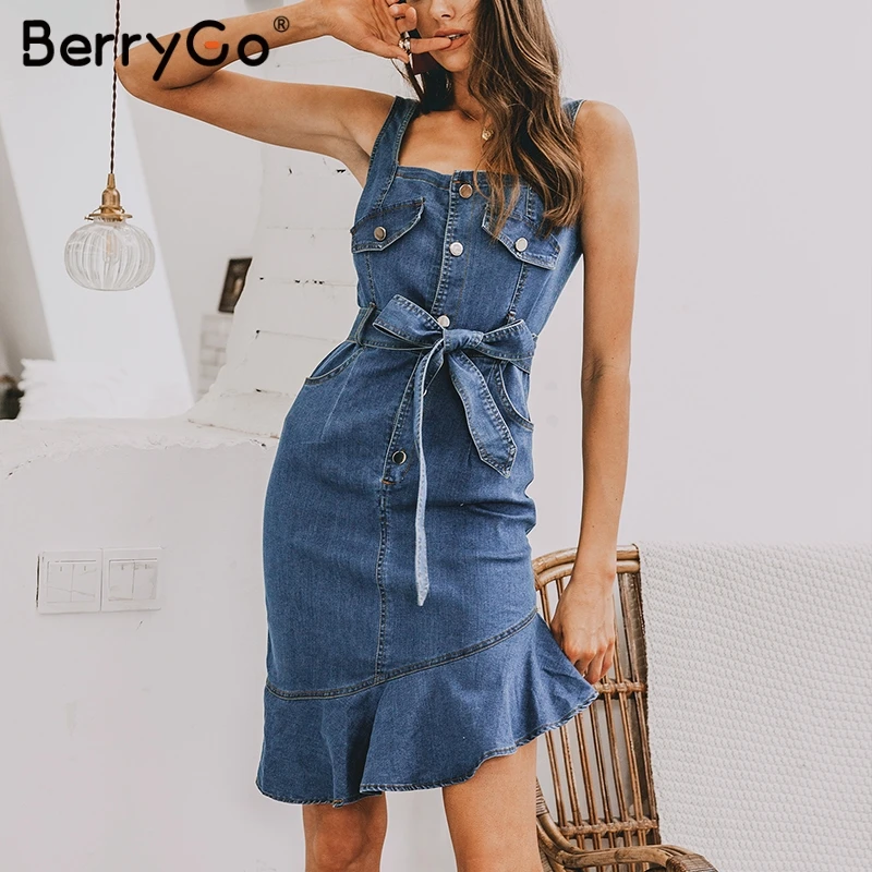 BerryGo облегающие платья женское джинсовое платье летнее элегантные пуговицы