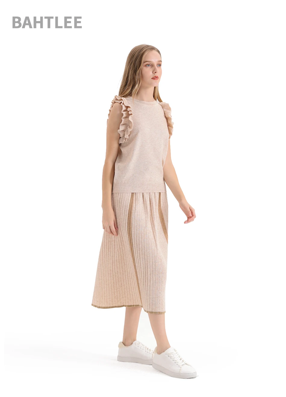 BAHTLEE Summer Frilled Trim knitted Slim Fitted Tee Sleeveless T-shirt Women Elegant Solid O-neck sweater Tshirt ruffles