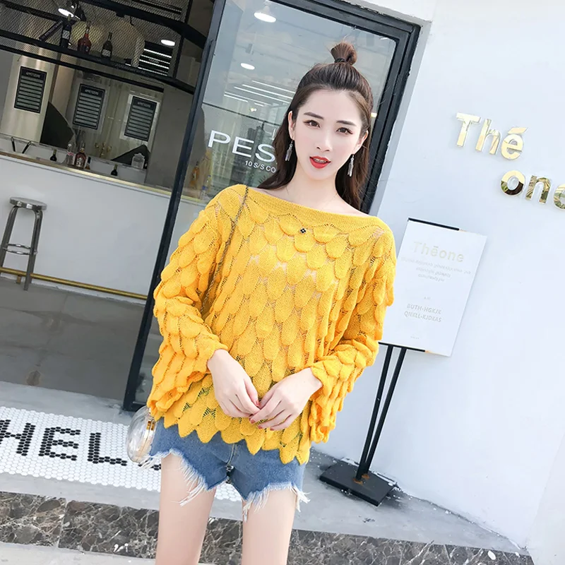 QoerliN Winter Woman Sweater Knitting Pullovers Autumn Thin Outwear Slash Neck Flare Sleeve Hollow Out Sexy Long Jersey Pink | Женская