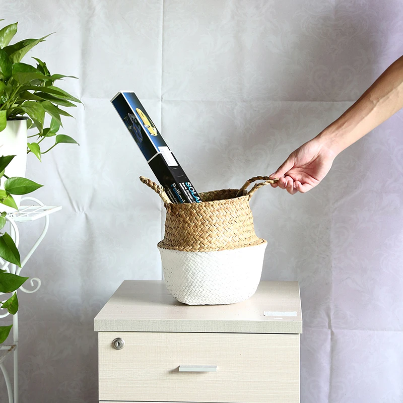 WHISM Seagrass Wickerwork Flower Basket Decorative Flower Pot Planter Hanging Flowerpots Woven Laundry Storage Basket Home Decor