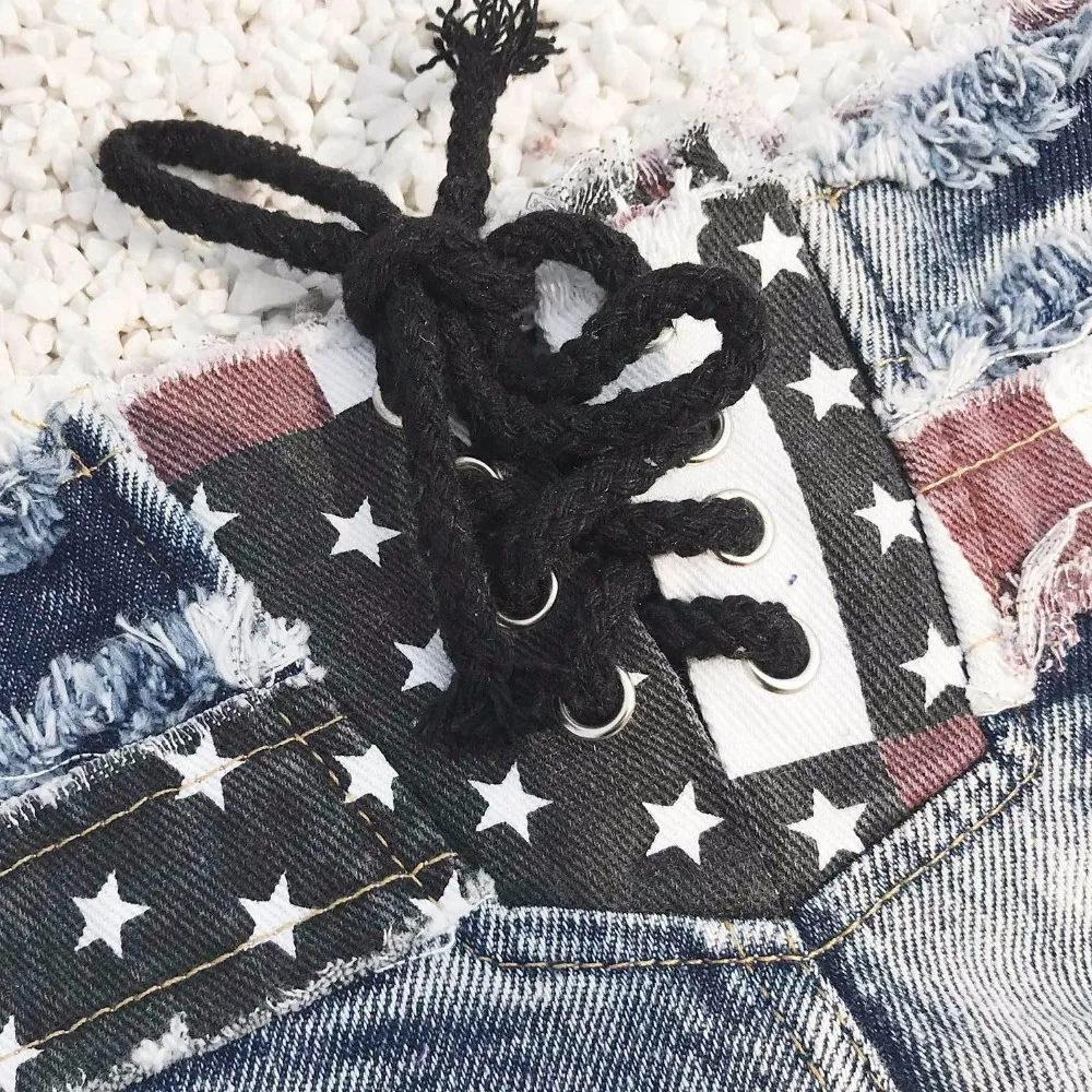 

2021 Sexy Women's Low Waist Bandage Denim Ripped Shorts Side Zippers Straps National Flag Mini Denim Shorts Clubwear