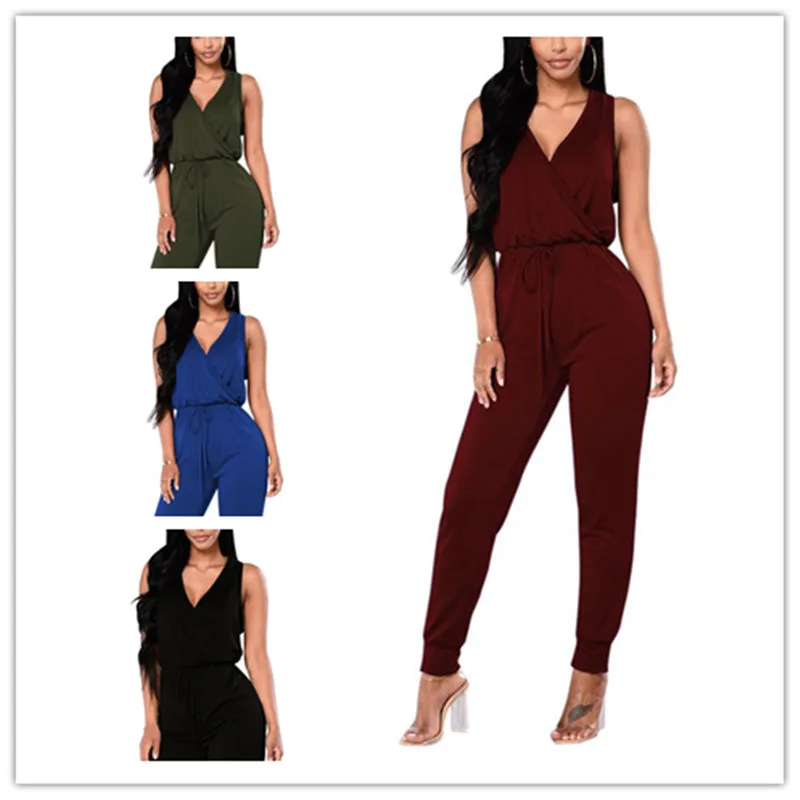 

2019 Casual Long Jumpsuit Deep V Sleeveless Long Trouser Different Size For Choice Loose Solid Combinaison Femme Shein Mujer