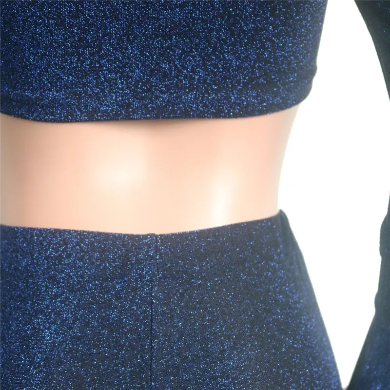 Sexy Autumn Two Piece Set Women Off Shoulder Long Sleeve Crop Top+ Elastic High Waist Flare Pants Party Glitter Matching Outfits