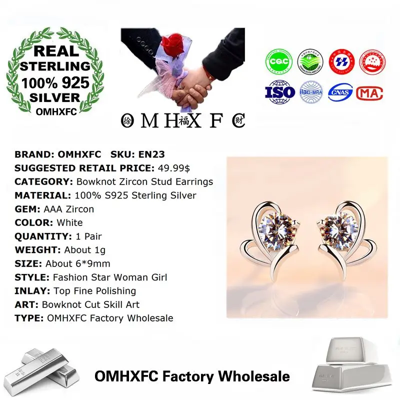 OMHXFC оптовая продажа Европейская мода женский свадебный подарок белый бант циркон 100% Стерлинговое Серебро 925