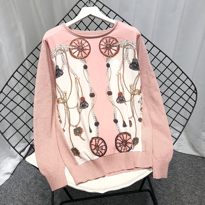 Женский тонкий свитер с принтом и длинными рукавами в европейском стиле весна 2019