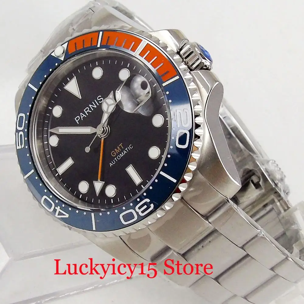 

PARNIS Top Brand GMT Function Automatic Men's Watch Sapphire Glass Ceramic Bezel 40mm Wristwatch