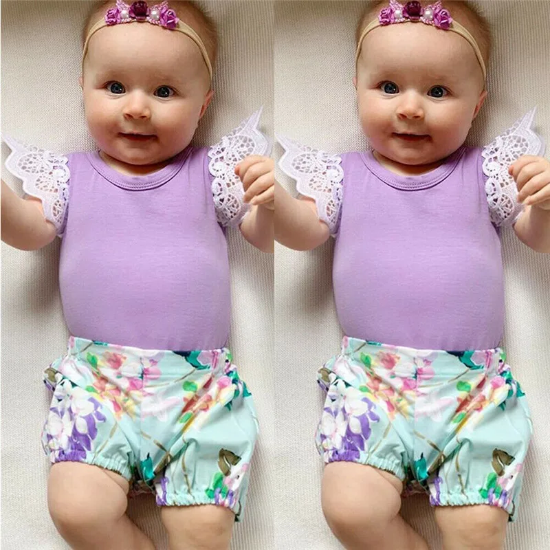 Комплект летней одежды для маленьких девочек новинка 2019 кружевной топ с рукавами