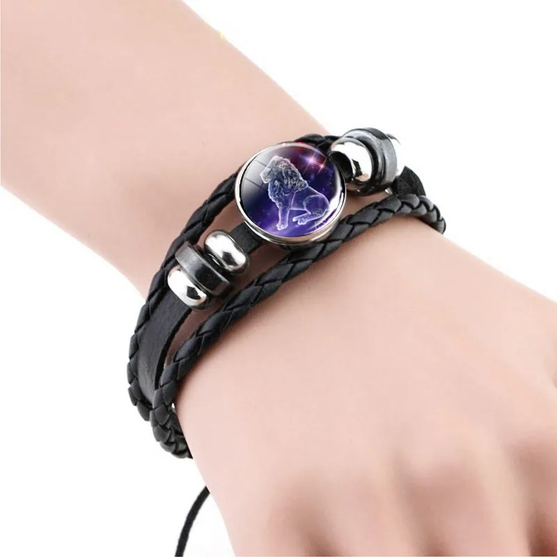 12 Constellation Bracelet Charms Zodiac Sign Glass Cabochon Punk Jewelry Black Multilayer Leather Women Men Gift | Украшения и