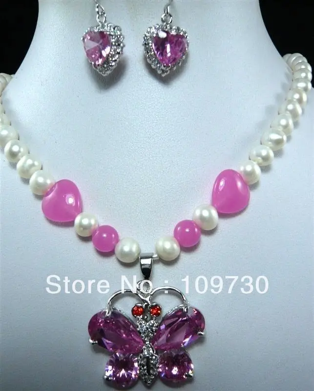 Jewelry 00513 10 color-fancy green/blue/pink jade pearl necklace butterfly pendant earring set can choose | Украшения и