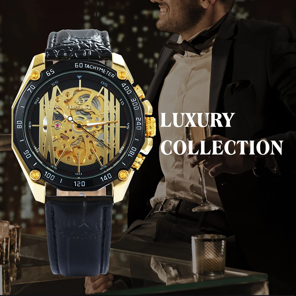FORSINING Fashion Royal Auto Mechanical Watch Men Leather Strap Golden Skeleton Mens Watches Top Brand Luxury relogio masculino | Наручные