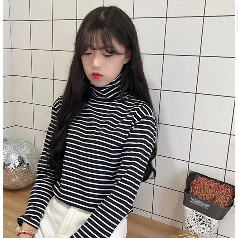 Women's Clothing High Quality Autumn Shirt Stripes Hoodies Sweatshirts Casual Black White Striped Thin Bottoming T-shirts | Женская