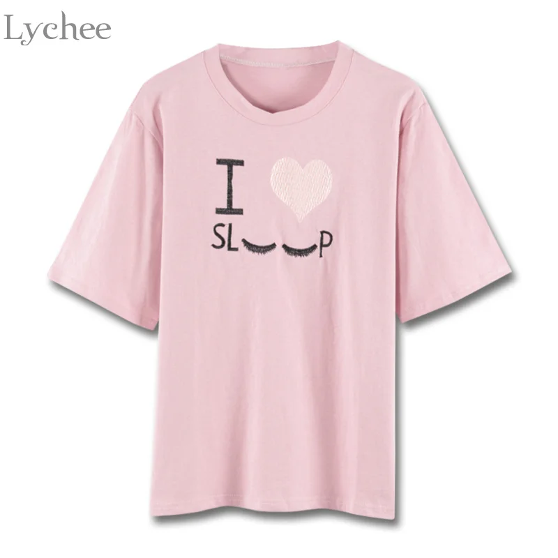 Милая Летняя женская футболка Lychee с вышивкой надписью Love Повседневная Свободная