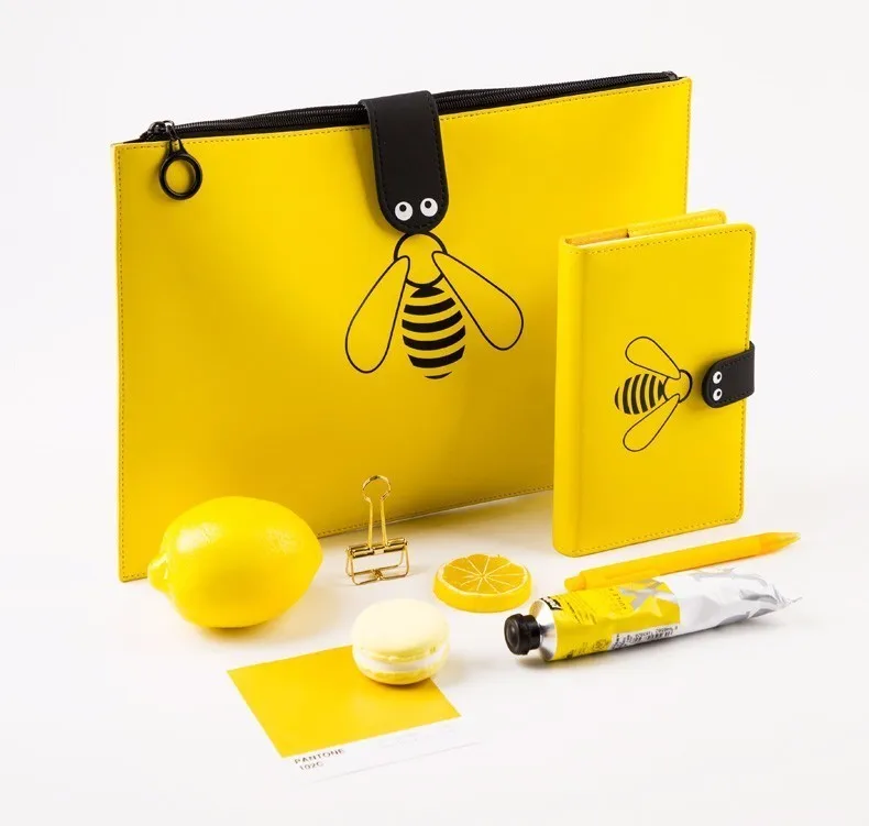 Kawaii Bumblebee A4 сумка для файлов Милая папка для файлов новые сумки Сумка для хранения на Молнии Милый полиуретановый чехол для карандашей и блокнот Канцелярский набор