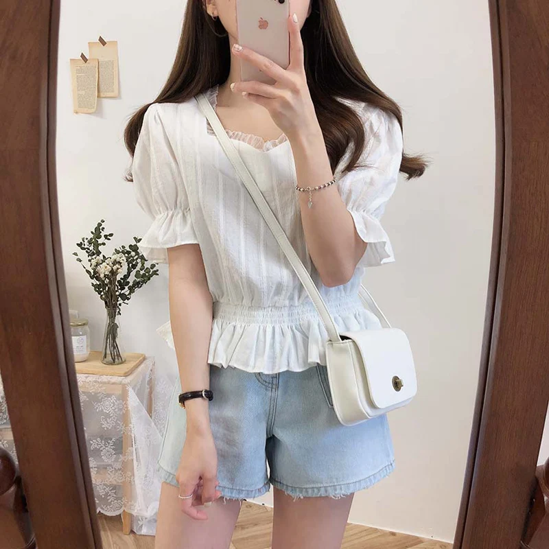 Новая белая рубашка femme Женские топы с коротким рукавом кружевная вышивкой