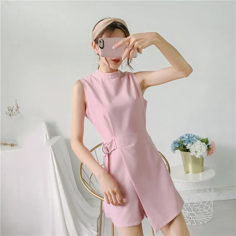 Женский Облегающий комбинезон с поясом короткий без рукавов воротником-стойкой