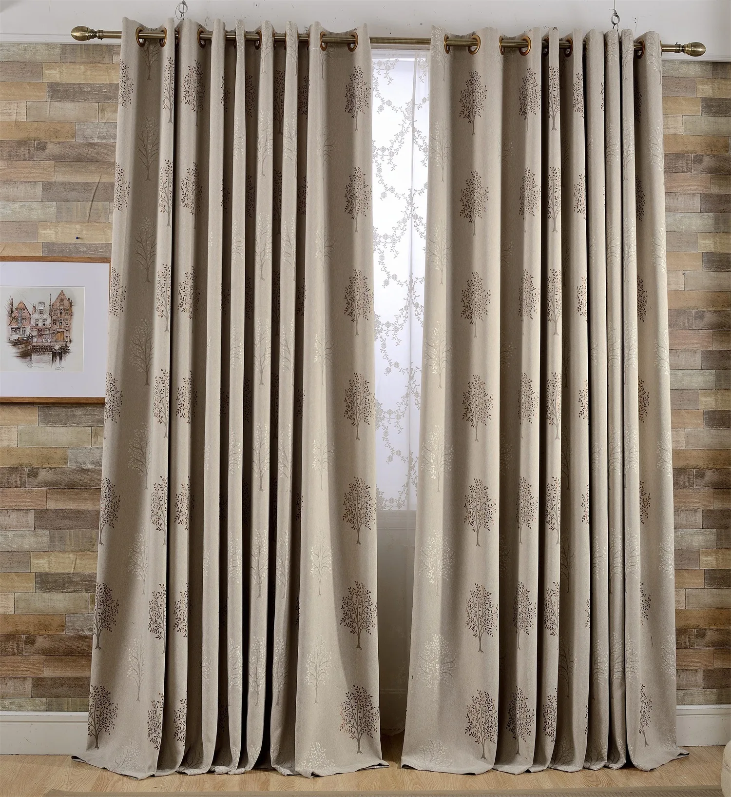 Современная короткая стильная льняная занавеска с рисунком деревьев и морских