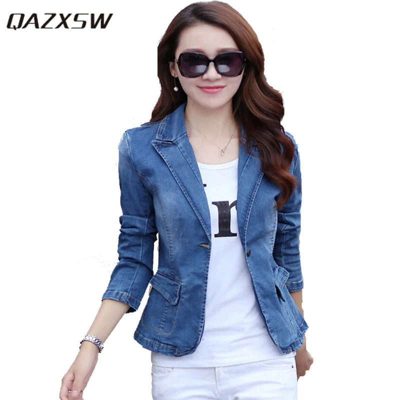 

QAZXSW 2019 New Woman Jeans Blazers Slim Denim Jacket Full Sleeve Jeans Jacket Single Button Fashion Slim OL Suit Blazers YX8874
