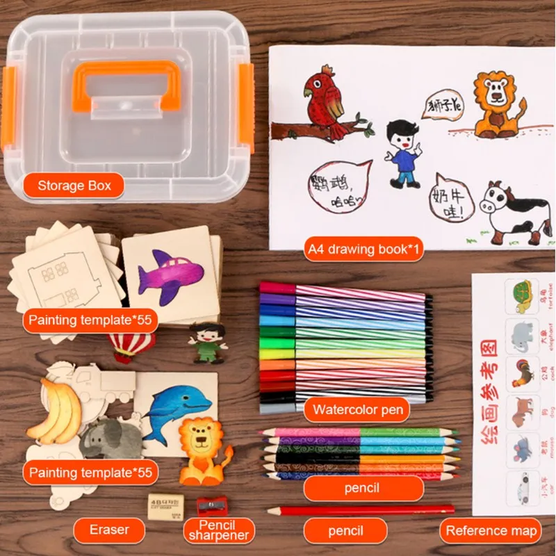 

55pcs Kid Drawing Toys Wooden Painting Set DIY Draw Creative Template Toys Fun Graffiti Filling Board Child Puzzle Education Toy